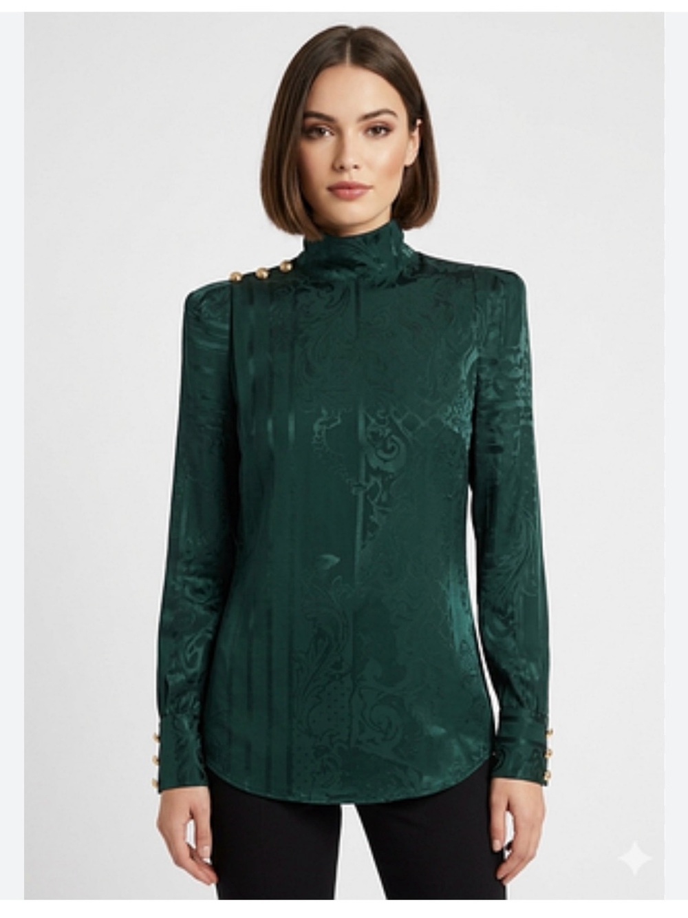 High-Neck Jacquard Blouse Balmain x H&M - Emerald Green with Gold Details